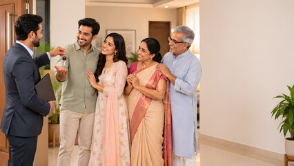 Fototapeta premium Indian Family Receiving New Home Keys from Real Estate Agent