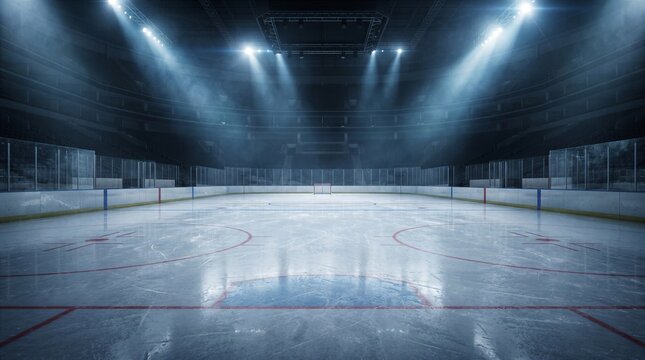 Empty ice hockey rink arena illuminated by spotlights