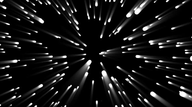 Light streaks animation explodes in white rays on dark. Warp speed acceleration flows along light streaks animation. Abstract energy illumination effects power light streaks.