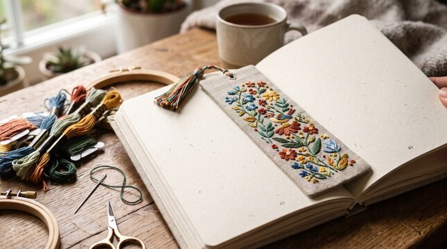 Embroidered floral bookmark on open notebook with colorful thread skeins and vintage scissors on a wooden table. This handmade textile craft project features intricate needlework on linen fabric.