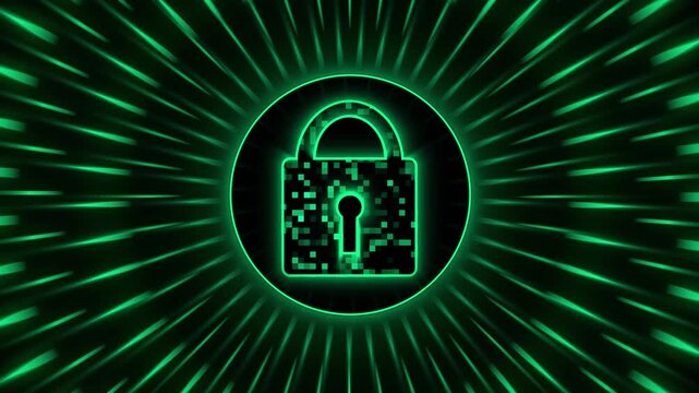 Padlock icon animation glows in green neon with radiating lines. Privacy protection verifies on the padlock icon animation. Cybersecurity infrastructure shields on padlock icon animation.