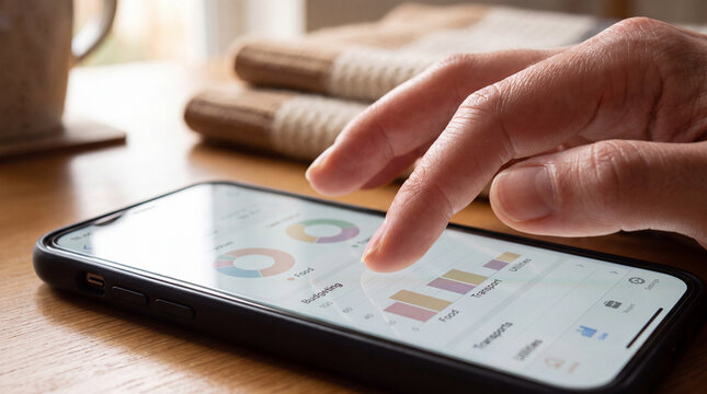 Smartphone displaying financial charts and graphs being operated by a person sitting at a wooden table.
