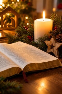 Christmas candle beside open Bible