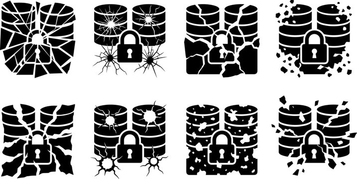 Broken database icons showing shattered data storage, cracked servers, breached security, and compromised information protection symbolizing database hacks, data leaks, and system vulnerabilities