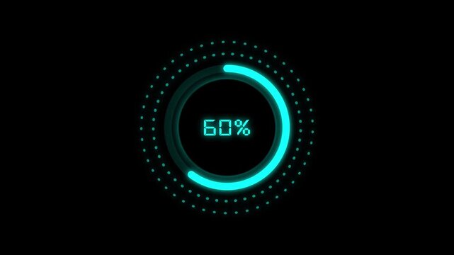 Progress ring animation displays cyan dots and percentage on dark. System buffering telemetry updates on this progress ring animation. Task completion verification validates on progress ring.