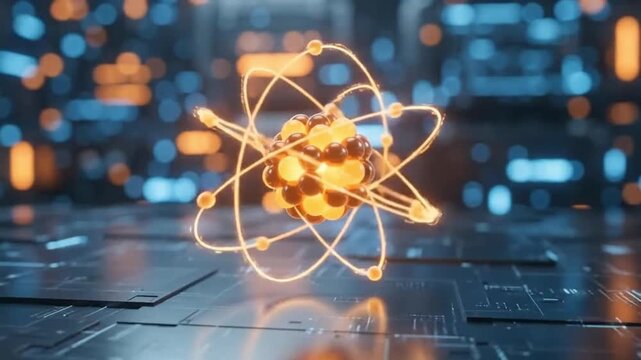 Glowing abstract atom structure in a futuristic digital environment, symbolizing advanced scientific research, technological innovation, and the intricate connection between matter and information