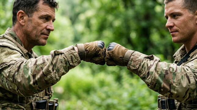 Soldiers fist bumping in forest, teamwork, camaraderie, military, tactical gear