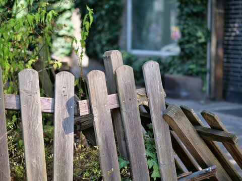 Old Broken Weathered Wooden Picket Fence in Front of a Residential House Garden with Green Vegetation in Daytime