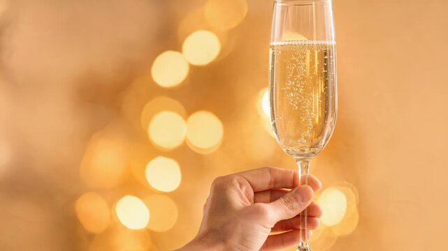 Hand holding glass of sparkling champagne against warm golden Christmas lights bokeh background, close-up shot.