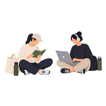 Young women sitting on the floor studying and working, reading book and using laptop with headphones, flat vector illustration isolated png.