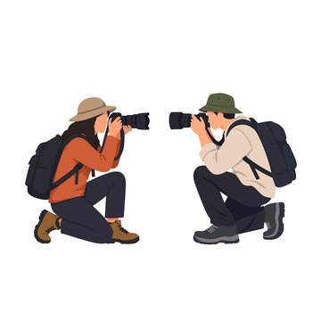 Male and female photographer kneeling down taking picture with dslr camera, nature travel photographer flat vector illustration isolated png.