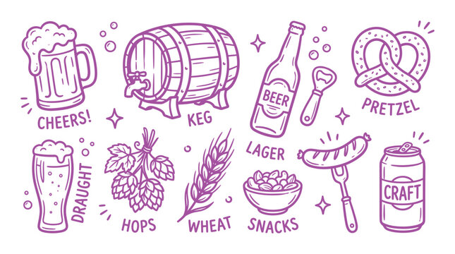 Beer and brewery themed hand drawn outline set featuring keg bottle glass hops wheat sausage and snacks on white