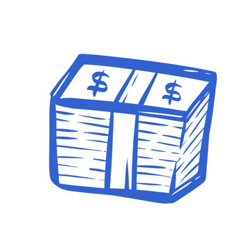 Hand drawn blue money stacks bundle vector icon