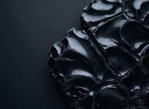 A glassy black obsidian surface with conchoidal fracture, surfaces showing honest wear and use, cool even overhead lighting