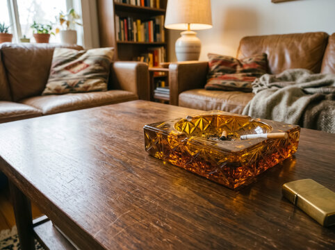 An amber glass ashtray filled with cigarette butts sits on a wooden coffee table in a cozy living room setting, with leather sofas and bookshelves in the background