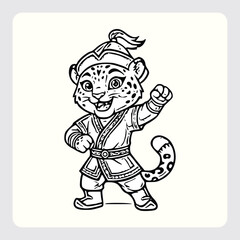 Obraz premium Cute snow leopard mascot in traditional nomad clothing black and white line art vector