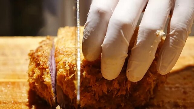 Master culinary steps showing how authentic katsudon bowls are assembled with sliced crispy fried pork cutlets over simmered eggs and rice for restaurant service