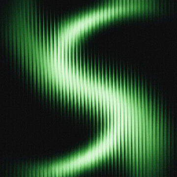 Abstract s-shaped curve of glowing green light behind vertical ribbed glass creating a textured pattern with s curve