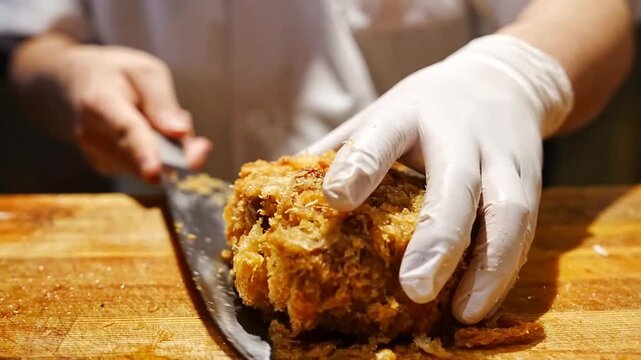 Master culinary steps showing how authentic katsudon bowls are assembled with sliced crispy fried pork cutlets over simmered eggs and rice for restaurant service