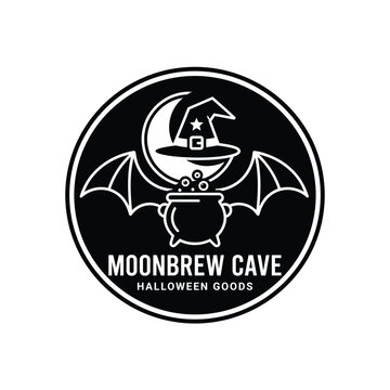 Black and white round logo featuring a bat with wizard hat cauldron and crescent moon