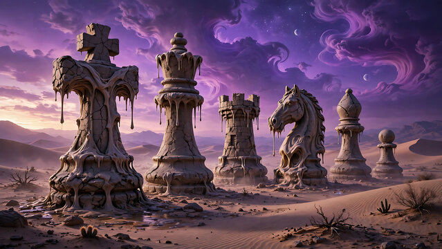 Melting stone chess pieces in a surreal desert landscape under a swirling purple starry sky