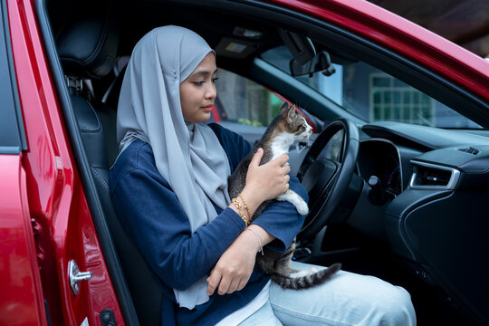 Young woman sitting on a car with cat