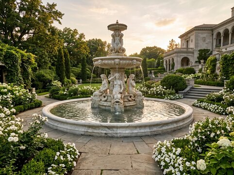 Elaborate marble tiered garden fountain featuring classical statues surrounded by white blooming flowers at sunset time