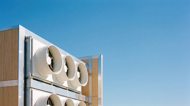 Large white industrial fans on modern facility facade against blue sky