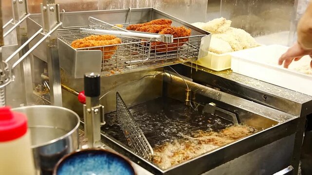 A professional chef frying breaded pork cutlets in boiling oil inside a commercial deep fryer, placing finished crispy tonkatsu onto a metal rack