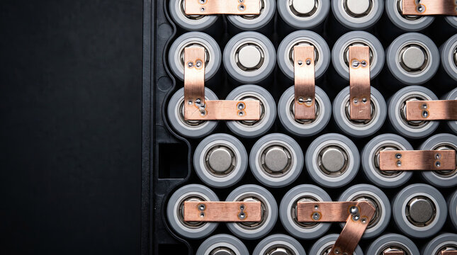 Cylindrical lithium ion battery cells welded with copper busbars top view