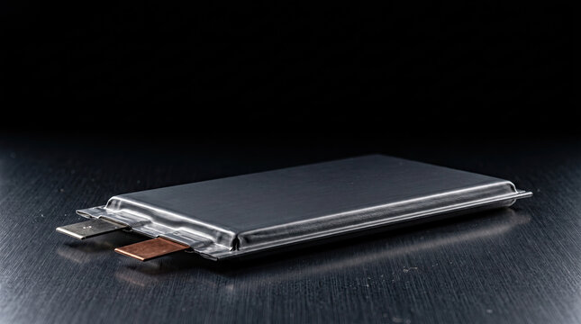 Flat pouch lithium ion battery cell with copper tab on dark metal surface