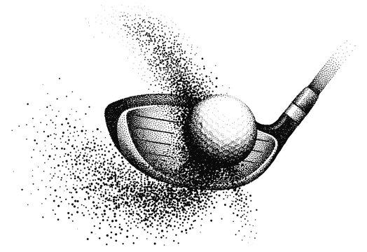 Golf driver club hitting ball in stippling art style illustration