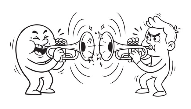 Cartoon characters playing trumpets line art doodle illustration making loud music noise.