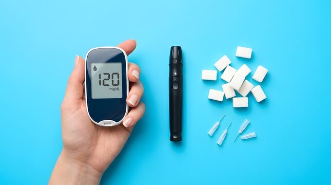 Person holding a digital blood glucose meter with a lancing device and test strips on blue background