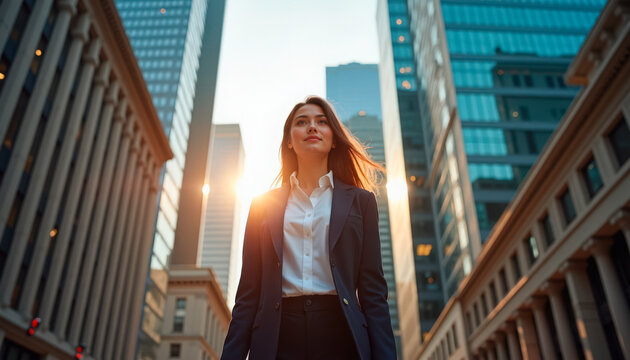 Confident businesswoman walking in cityscape with skyscrapers in background, sunlight illuminating urban environment. Businesswoman portrays strength and determination in professional setting.