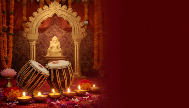 Traditional indian musical tabla drums with glowing oil lamps and statue