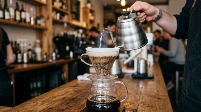 Barista pouring hot water onto coffee grounds in pour-over brewer, cafe ambiance