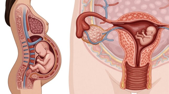 Medical illustration shows pregnant uterus with fetus developing inside. Side profile displays anatomical details of female reproductive system and growing baby.