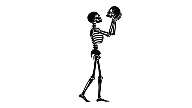 Skeleton holding human skull in hands standing profile view black silhouette