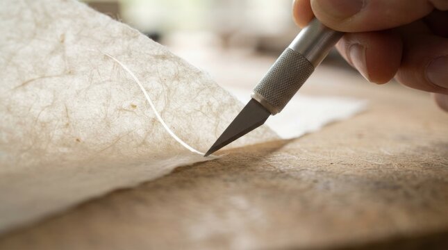 Close-up of hand using craft knife to cut textured paper material