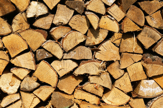 Stacked firewood logs texture background. Cut wooden pieces in organized pile. Natural timber ends and growth rings. Dry fuel wood storage detail. Rustic firewood pattern outdoors.