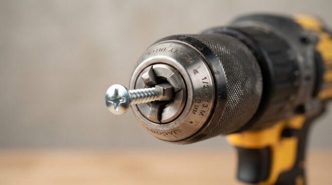 Close up of a power drill chuck holding a screw, ready for use.