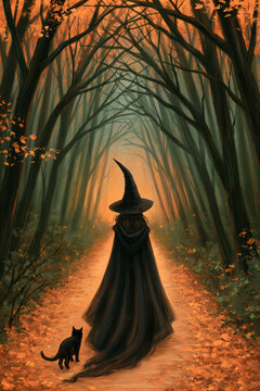 Vintage Digital Painting Of Witch In Black Hat Cloak Walking With Black Cat Down Autumn Forest Path In Sunset Fog Concept Of Halloween Magic Fantasy Book Cover