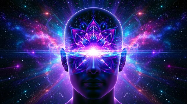 Cosmic Consciousness Concept Illustration Of Human Silhouette With Glowing Lotus From Third Eye Dissolving Into Neon Galaxy And Universe Space