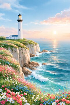 Breathtaking Watercolor Coastal Cliff Lighthouse Landscape With Blooming Wildflowers Ocean Sea Sunset View Concept Of Hope Guidance And Coastal Beauty
