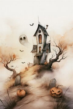 Watercolor Spooky Halloween Haunted House Illustration With Jack O Lantern Pumpkins Ghost And Bats On Vintage Paper Background