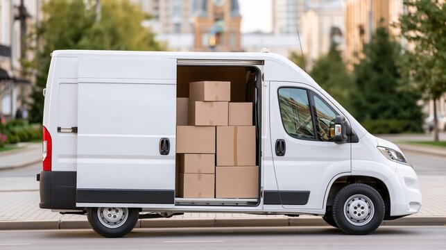 White Commercial Delivery Van Parked On City Street With Open Sliding Door Showing Stacked Cardboard Shipping Boxes Concept Of Urban E-Commerce Logistics And Parcel Courier Service