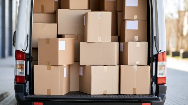 Cardboard Shipping Boxes Stacked In Back Of Delivery Van Open Cargo Doors Concept Of E-Commerce Logistics Last Mile Delivery And Parcel Courier Service