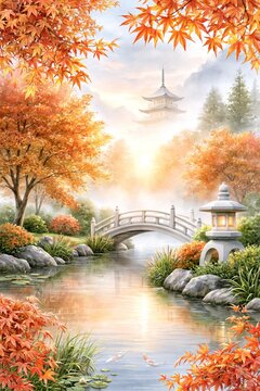 Watercolor Illustration Of Tranquil Japanese Garden In Autumn With Red Maple Leaves Stone Lantern Bridge Pagoda And Koi Pond Concept Of Zen Serenity And Travel