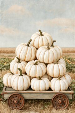 Vintage Illustration Of Cluster Of Pale White Pumpkins Stacked On Wooden Wagon In Autumn Field Concept Of Farmhouse Harvest Thanksgiving And Fall Season